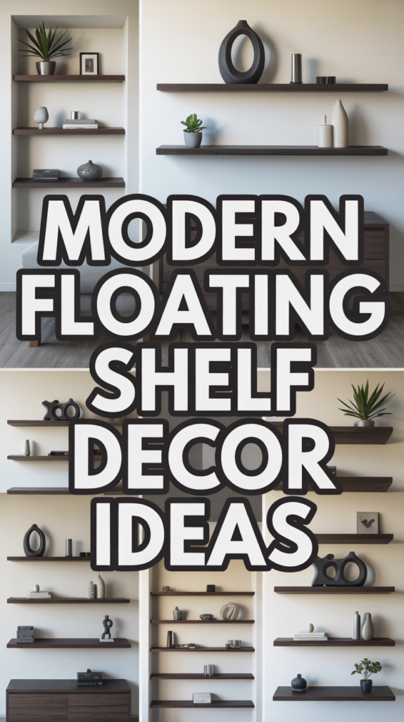 Modern floating shelves with various decor items like vases, plants, and sculptures, with text: "Modern Floating Shelf Decor Ideas."
