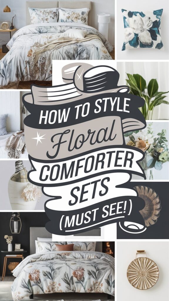 Collage of floral comforter sets and decor, with text in the center: "How to Style Floral Comforter Sets (Must See!)."