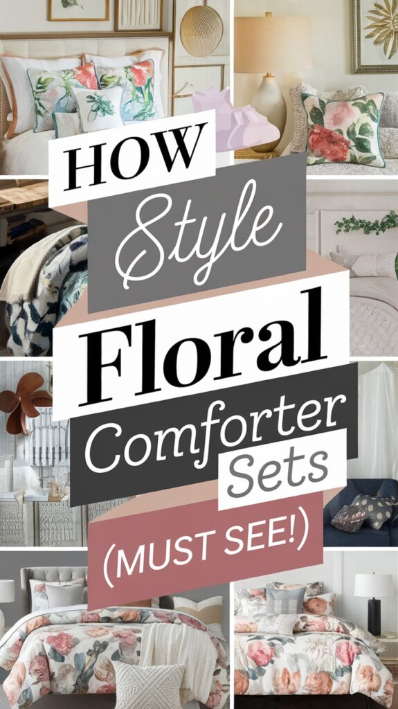 Collage of four bedrooms featuring different floral comforter sets and decor with bold text: "How Style Floral Comforter Sets (Must See!)."