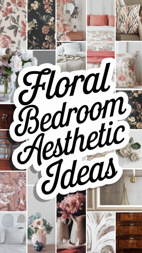Collage of floral bedroom decor ideas, including bedding, wallpaper, and decorative elements with a central text reading "Floral Bedroom Aesthetic Ideas."