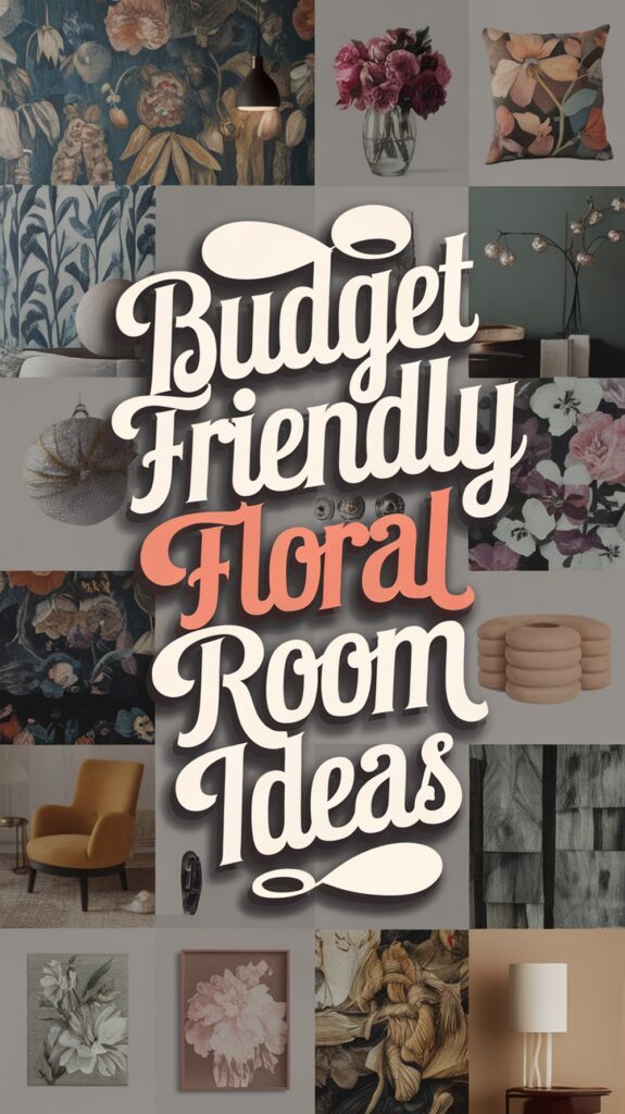Collage of floral-themed room decor items with bold text "Budget Friendly Floral Room Ideas" in the center.