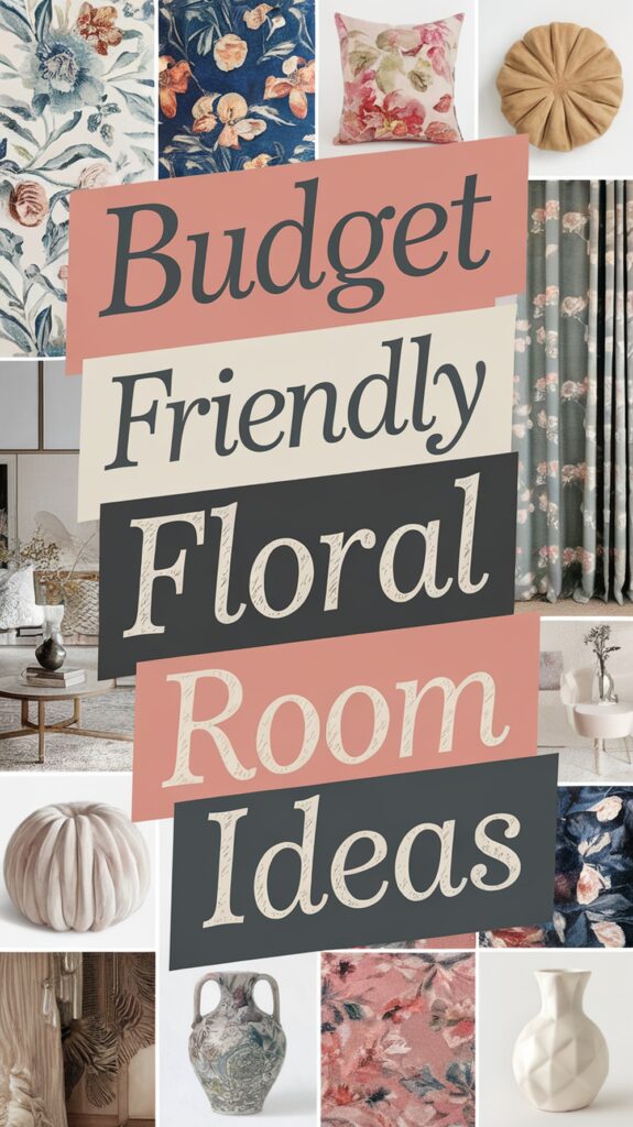 Collage of floral-themed home decor items with the text "Budget Friendly Floral Room Ideas" in the center.