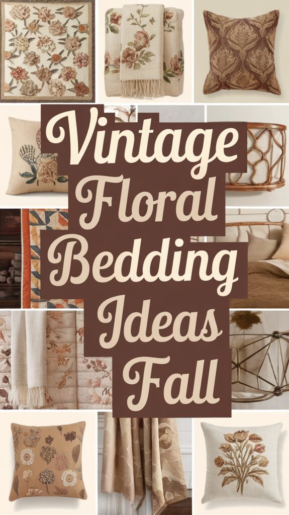 Collage of vintage-style floral bedding items and decor in earthy tones with the text "Vintage Floral Bedding Ideas Fall."