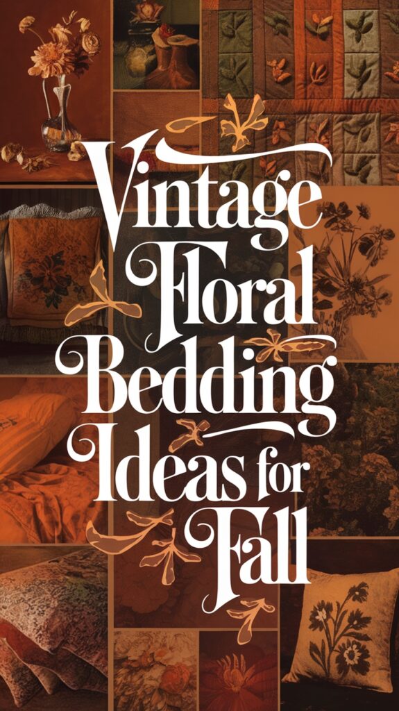Collage of vintage floral bedding designs and fabric patterns with the text "Vintage Floral Bedding Ideas for Fall."