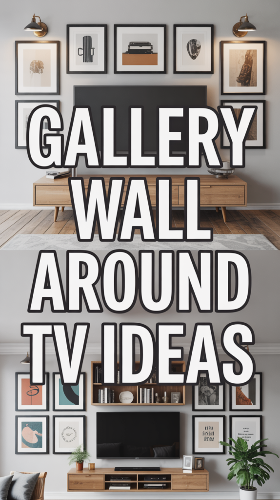 Two living room setups showcasing gallery walls framed around TVs with various artworks and modern wooden furniture.