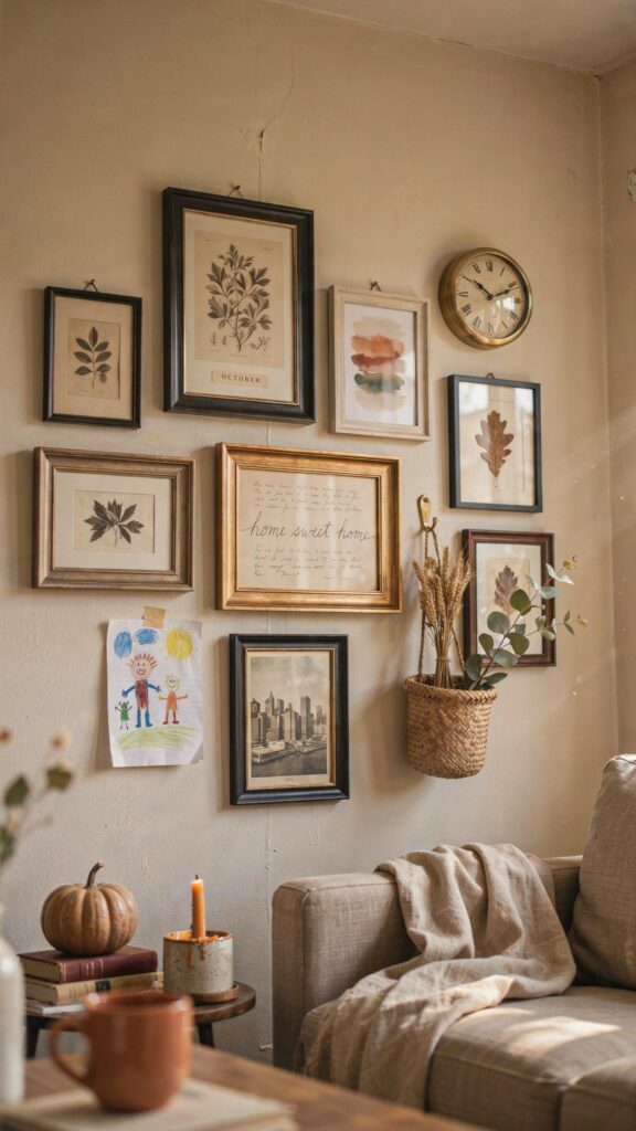 A cozy living room wall featuring a collection of framed art and drawings, a clock, and a small basket with dried plants.