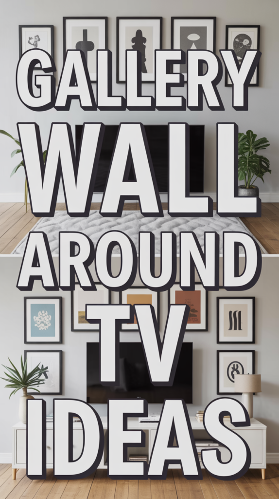 Text reads "GALLERY WALL AROUND TV IDEAS" overlaying images of art on walls surrounding TVs.
