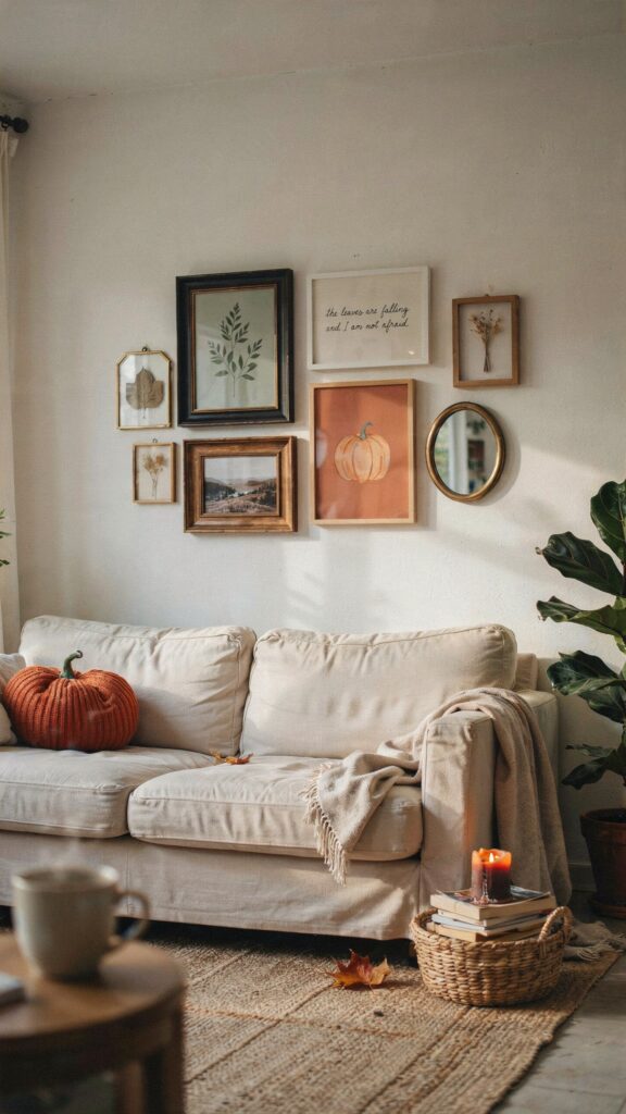 Cozy living room with a beige sofa, pumpkin decor, and framed artwork on the wall, featuring autumnal themes.