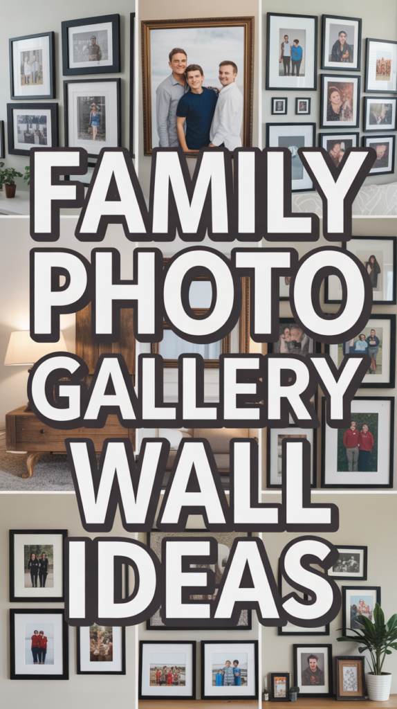 Collage of family photos on a wall with overlaid text saying "Family Photo Gallery Wall Ideas."
