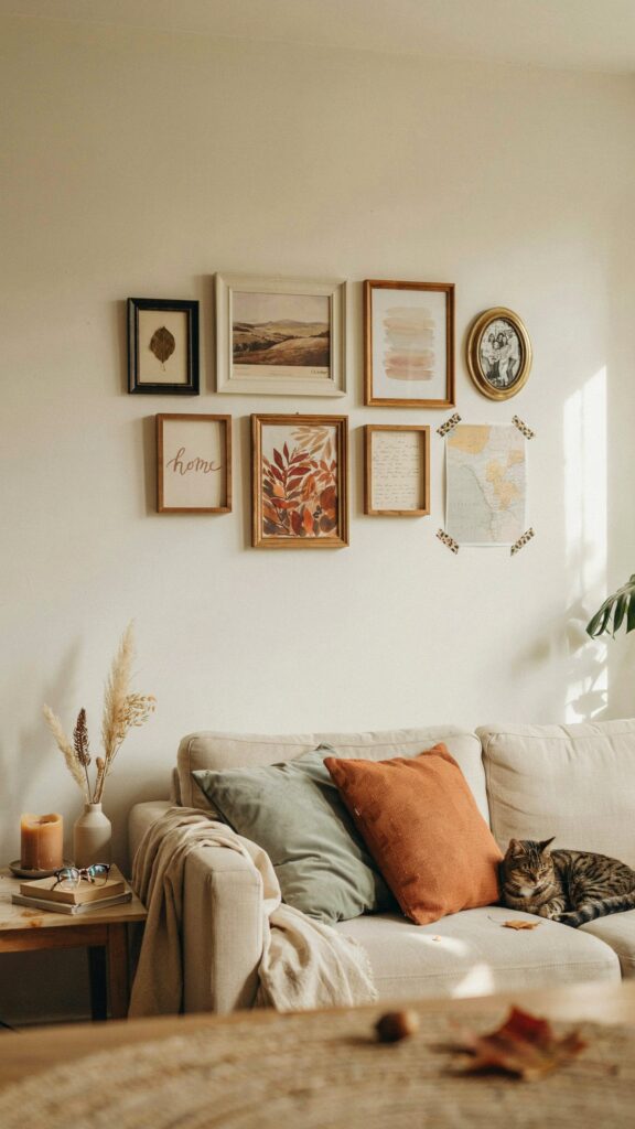 Cozy living room with a beige sofa, two colorful pillows, a cat lounging, and various framed artworks on a white wall.