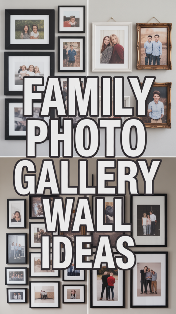 Collage of family photos displayed in frames with large text reading "Family Photo Gallery Wall Ideas."