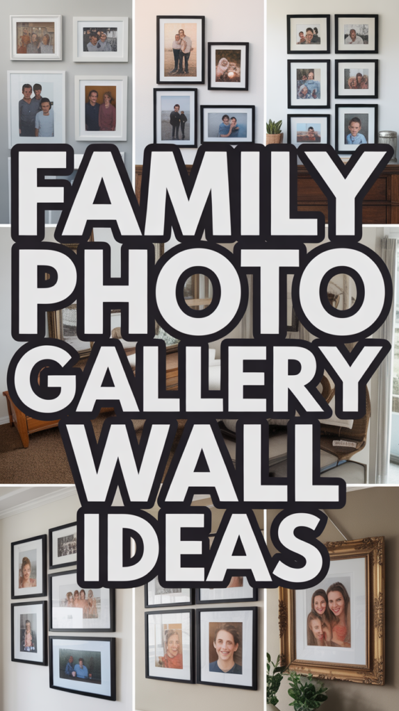 A collage of family photo gallery walls with "Family Photo Gallery Wall Ideas" in bold text overlaid.