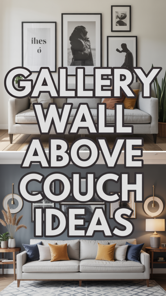 Living room with a couch, decorative pillows, and a gallery wall of framed art.