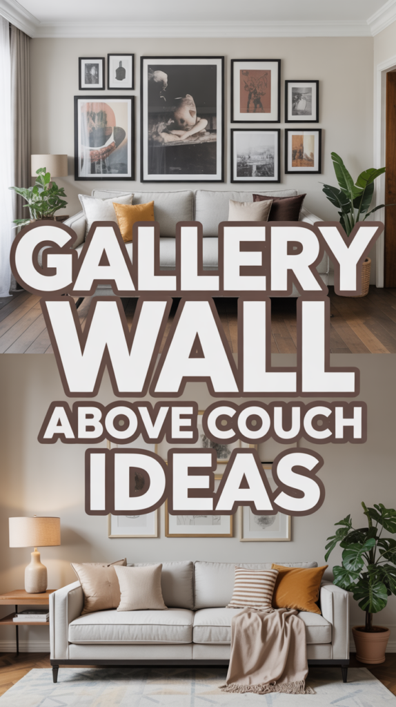 Living room with a couch, decorated with a gallery wall of framed art pieces, accompanied by text "Gallery Wall Above Couch Ideas."