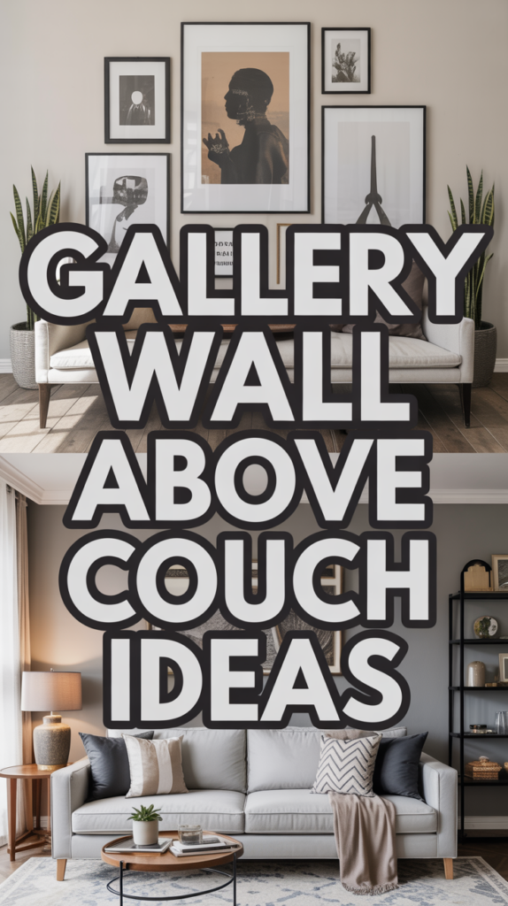 Living room with a gallery wall above a couch, showcasing framed art and decorative plants.