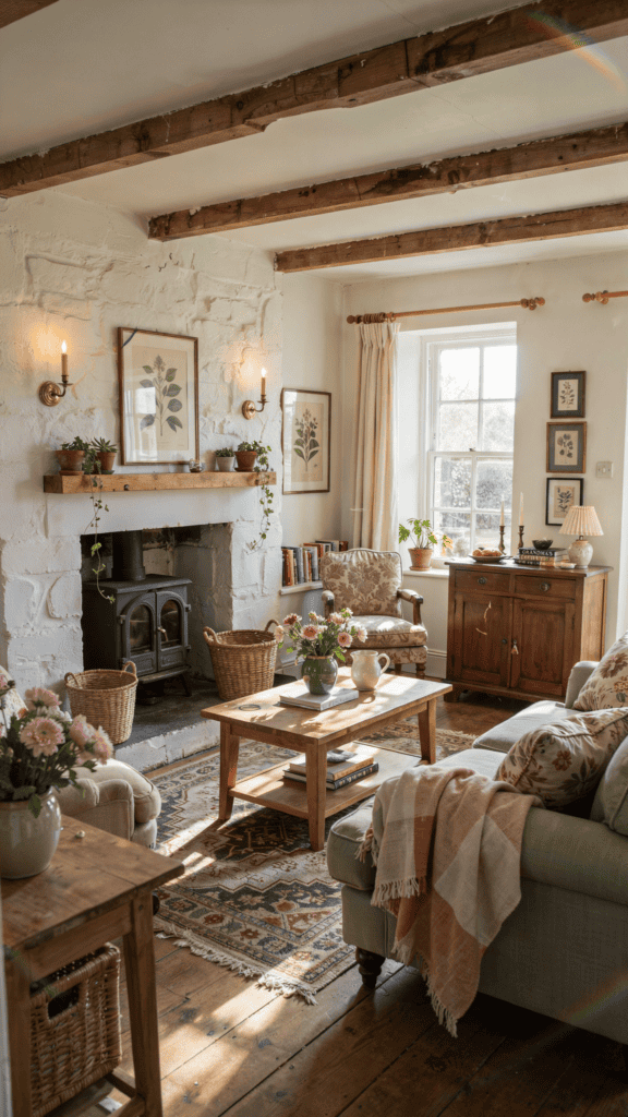 Cozy living room with rustic beams, a stone fireplace, floral decorations, and natural light streaming through a window.