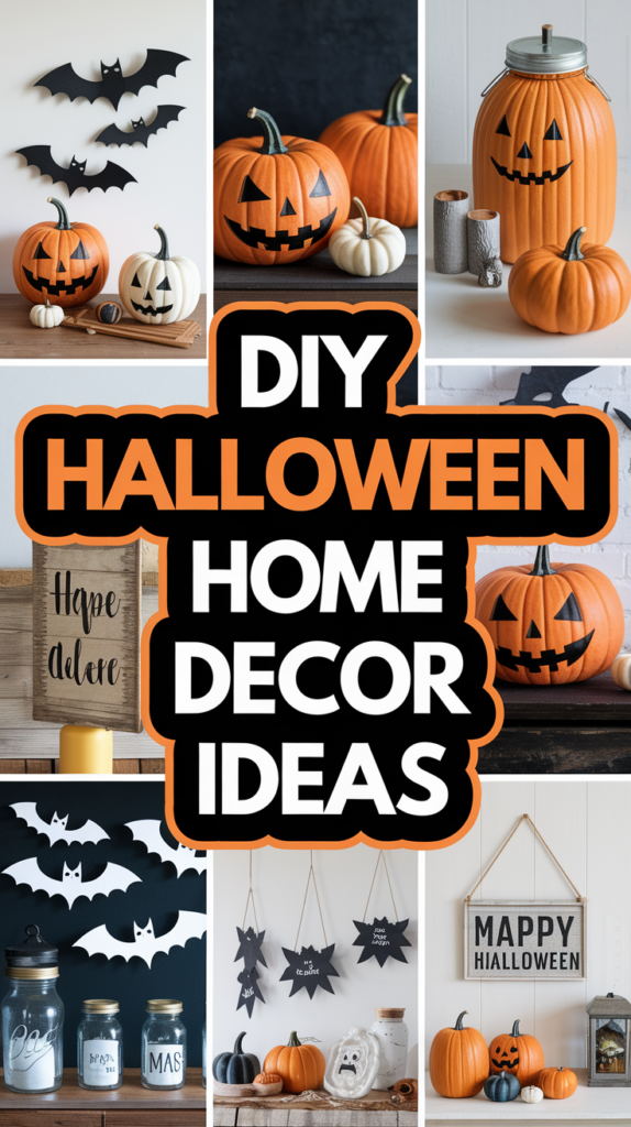 Collage of Halloween decor ideas featuring pumpkins, bats, and a "Happy Halloween" sign.