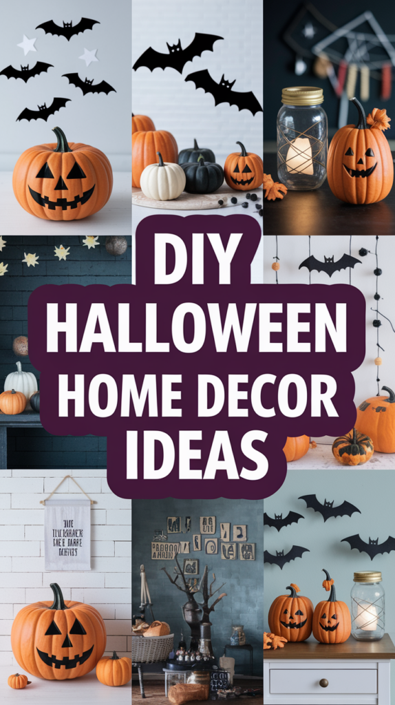 A collage showcasing pumpkins, bats, and candles with the text "DIY Halloween Home Decor Ideas" in the center.