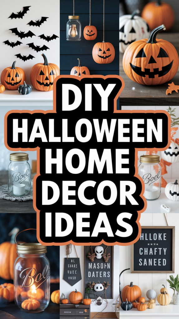 A collage showing pumpkins, bats, and candles with text reading "DIY Halloween Home Decor Ideas."