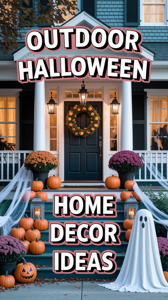 A house decorated for Halloween with pumpkins, mums, and a ghost figure on the steps; text overlays suggest home decor ideas.