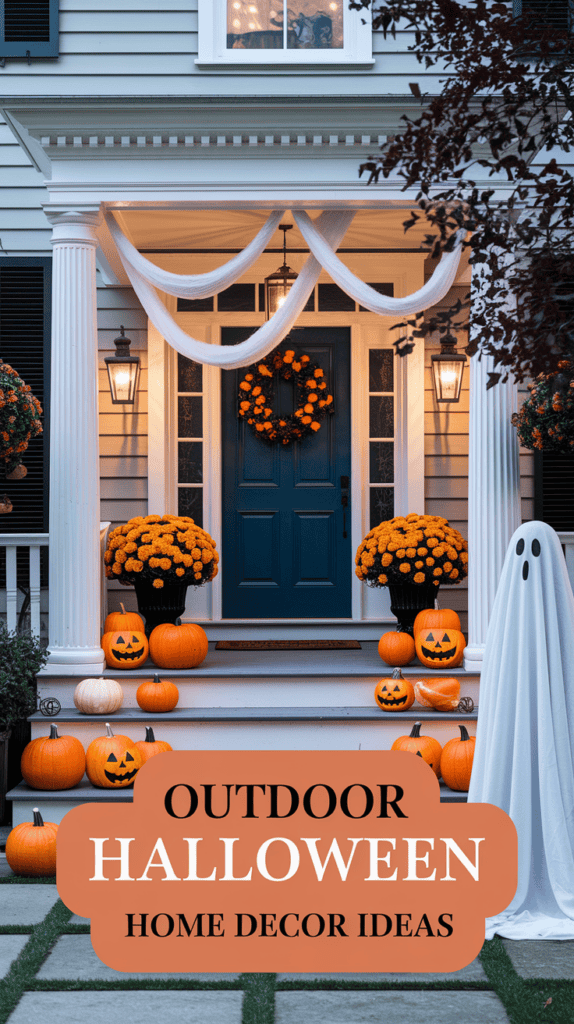 Front porch decorated for Halloween with pumpkins, orange mums, and a ghost figure, featuring "Outdoor Halloween Home Decor Ideas" text.