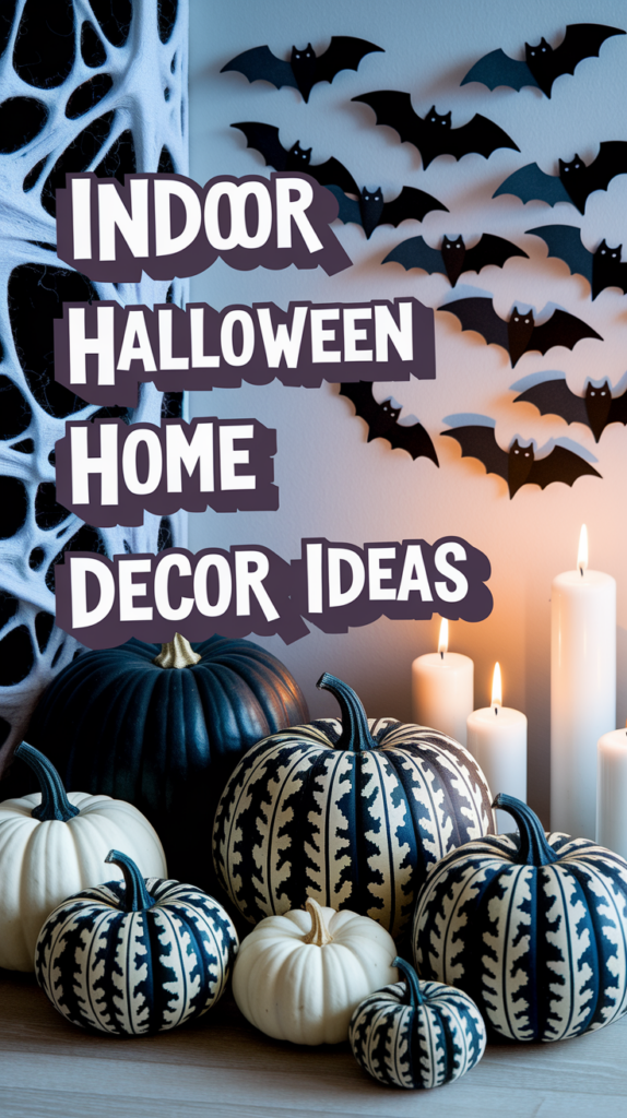 Halloween-themed decor with black and white pumpkins, lit candles, and wall bats, alongside text reading "Indoor Halloween Home Decor Ideas."