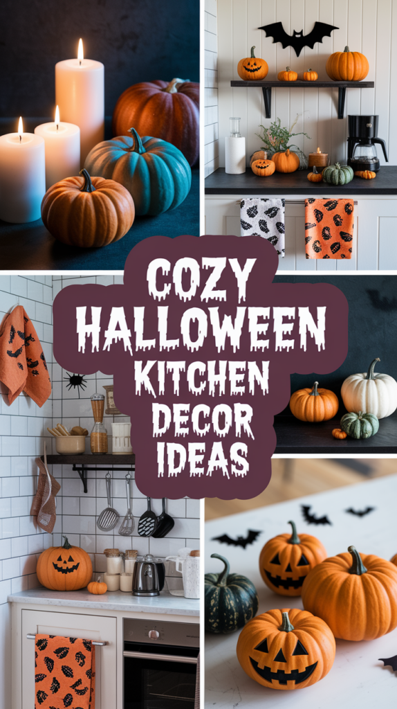 Collage of Halloween-themed kitchen decor with pumpkins, candles, bats, and festive towels.