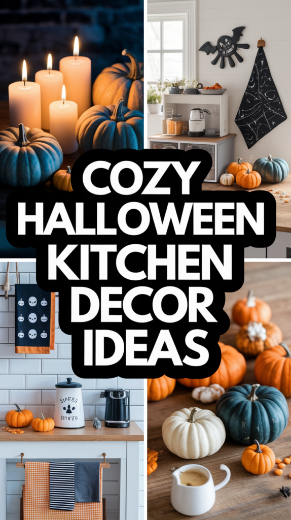 Candles and pumpkins decorate a kitchen for Halloween, with the text "Cozy Halloween Kitchen Decor Ideas" displayed prominently.