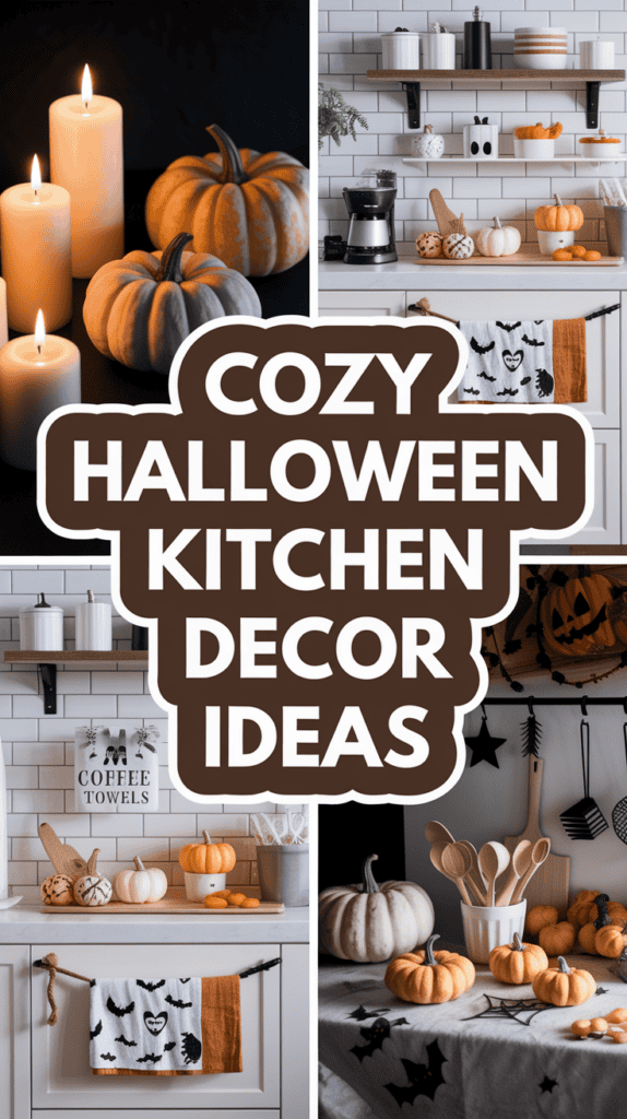 Candles, pumpkins, and Halloween-themed towels in a cozy kitchen setting with shelves and kitchenware.