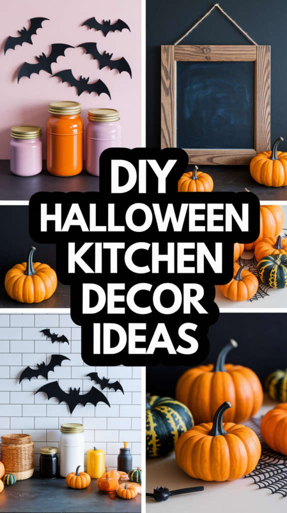 Jars and small pumpkins with decorative bats and a blank chalkboard, showcasing DIY Halloween kitchen decor ideas.
