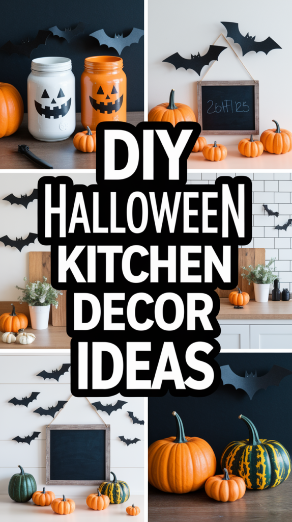 Halloween-themed kitchen decorations featuring pumpkins, painted jars, and bat wall decals.