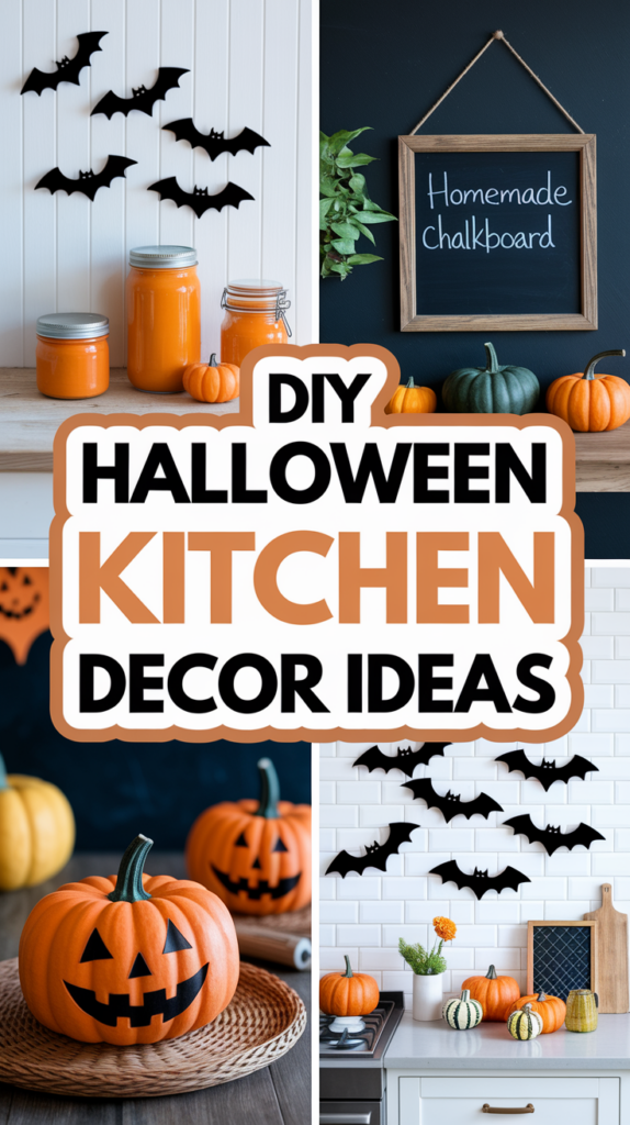 Various Halloween kitchen decorations, featuring pumpkins, black bats, and a homemade chalkboard.