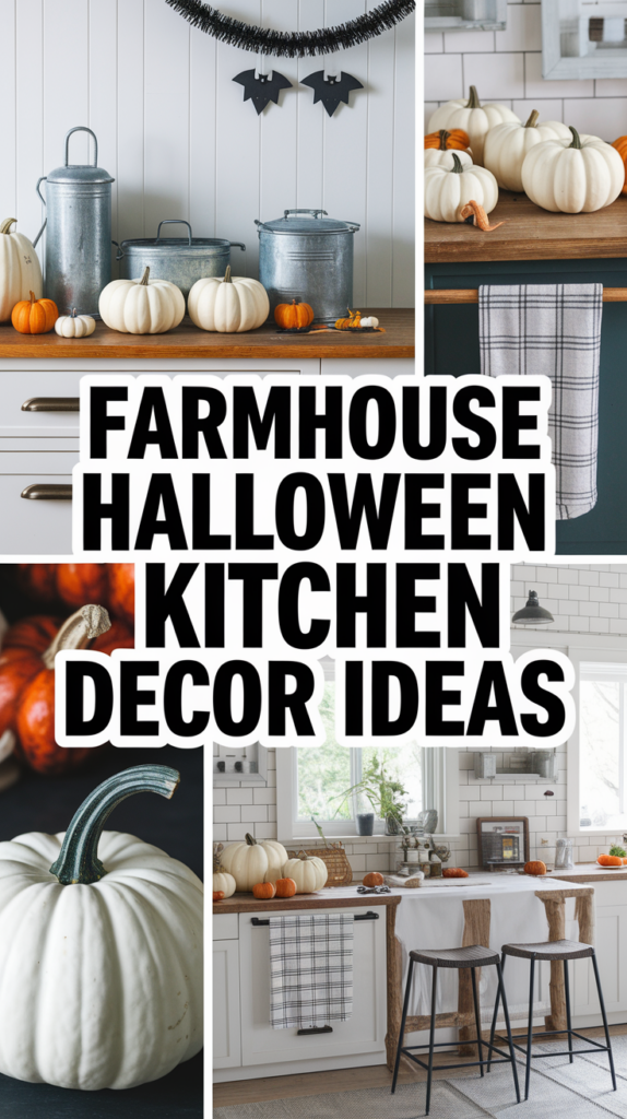Collage of farmhouse kitchen decorated for Halloween with pumpkins and rustic elements.