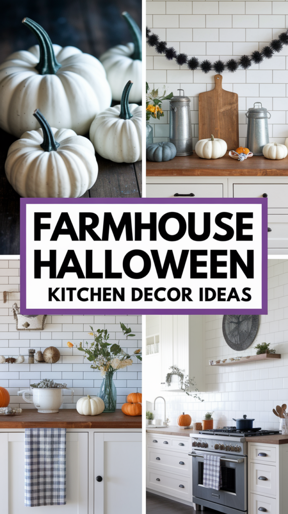 Collage of farmhouse kitchen decor ideas featuring pumpkins and autumn decorations.