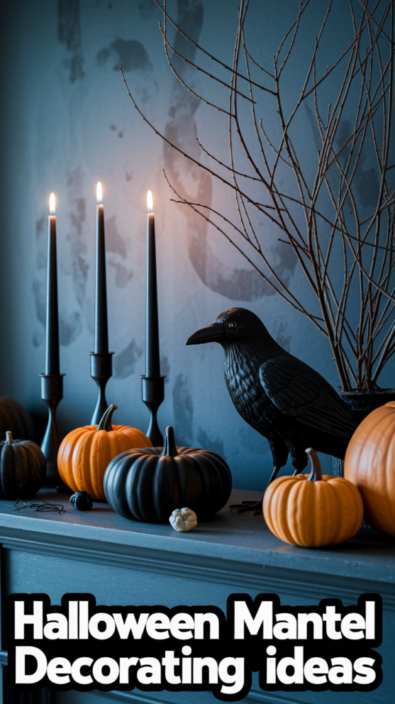 Candles, pumpkins, and a crow figurine decorate a mantel for Halloween; text reads "Halloween Mantel Decorating Ideas."