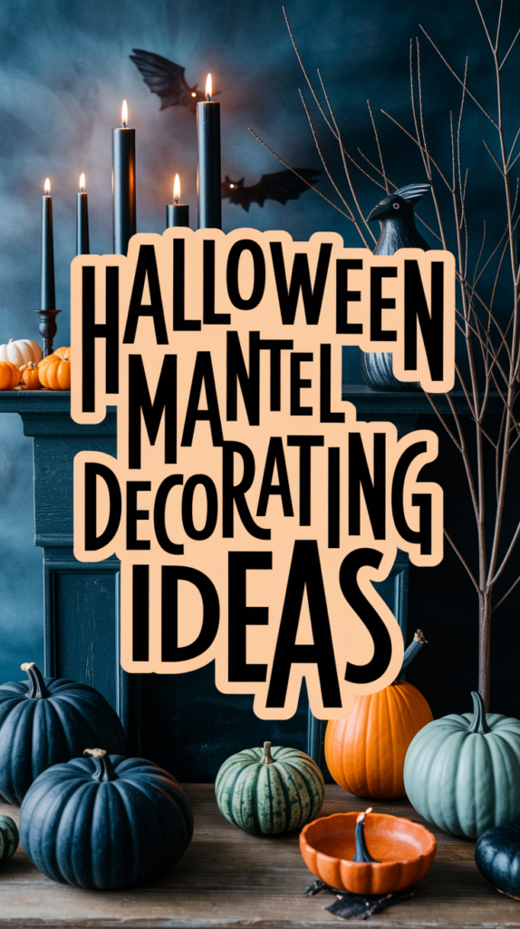 Halloween mantel with black candles, pumpkins, a crow, and a bat silhouette; text reads "Halloween Mantel Decorating Ideas."