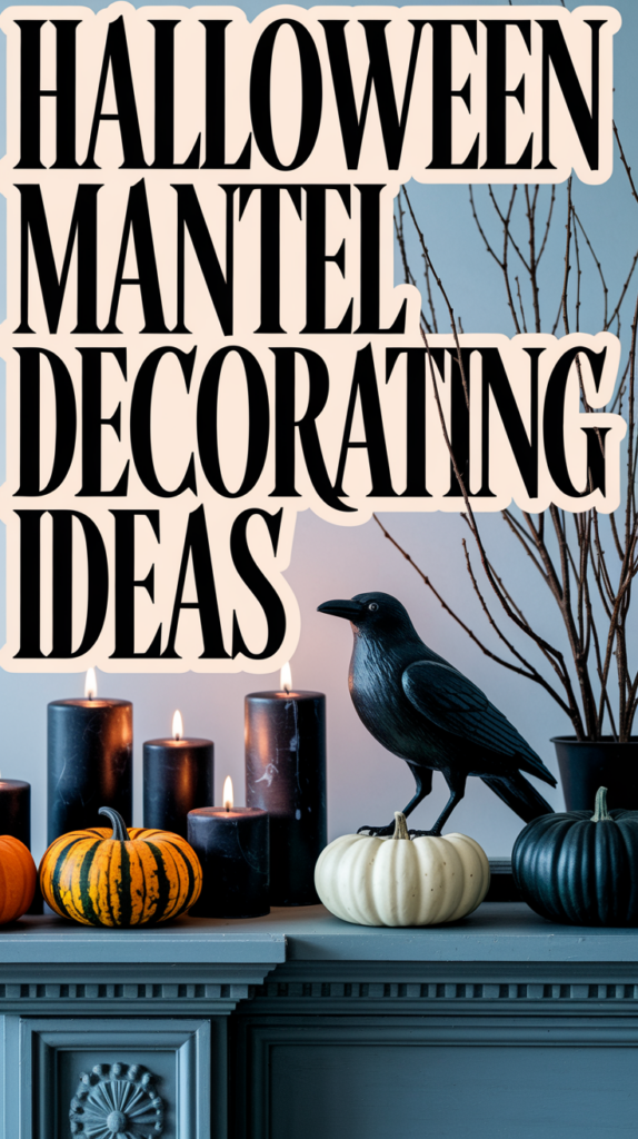Assorted pumpkins and black candles on a mantel with a decorative crow, accompanied by the text "Halloween Mantel Decorating Ideas."