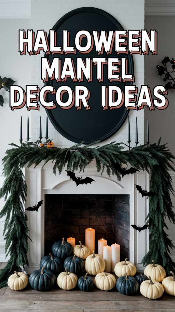 A fireplace mantel decorated for Halloween with bats, greenery, candles, and black and white pumpkins, featuring text that reads "Halloween Mantel Decor Ideas."