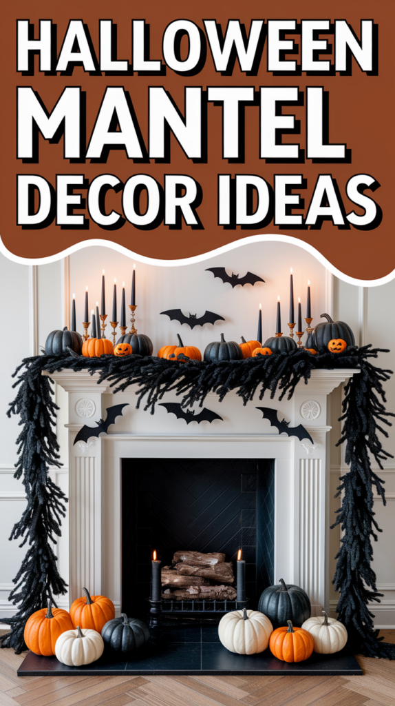 Fireplace mantel decorated with black garland, bats, orange and black pumpkins, and tall black candles.