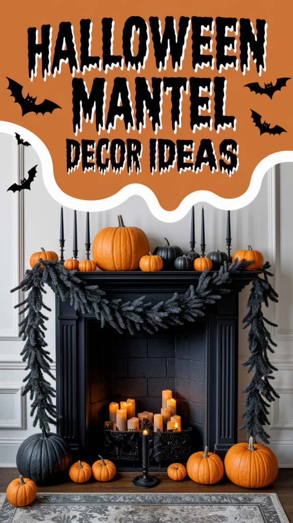 Black mantel decorated with orange pumpkins and black garland, surrounded by lit candles and bats, with text "Halloween Mantel Decor Ideas."