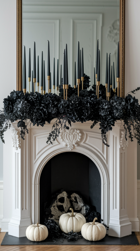 A white fireplace decorated with black candles and foliage, featuring three white pumpkins on the hearth.