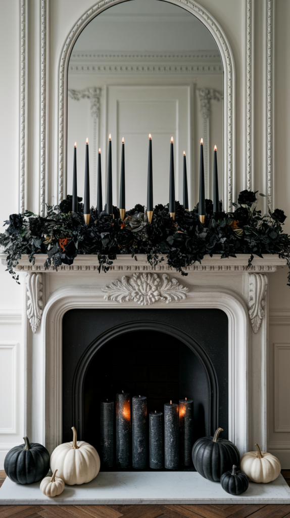 A white fireplace decorated with black candles, pumpkins, and dark foliage, featuring a large mirror above.