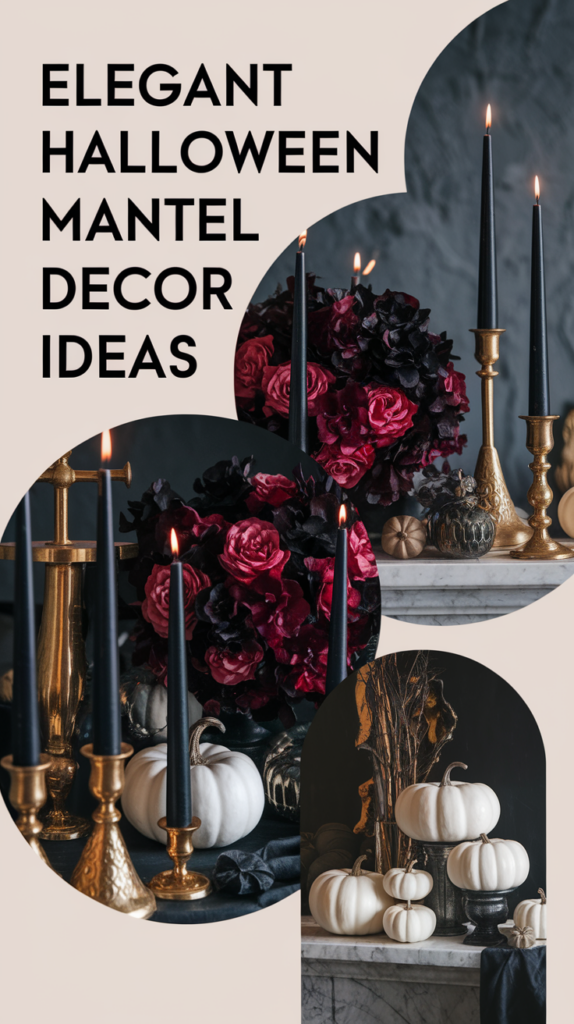 Black and gold candles with dark red flowers and white pumpkins for Halloween mantel decor.