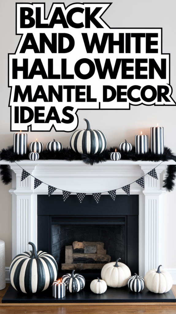 A fireplace mantel decorated with black and white pumpkins, candles, and a polka dot garland, with bold text above.