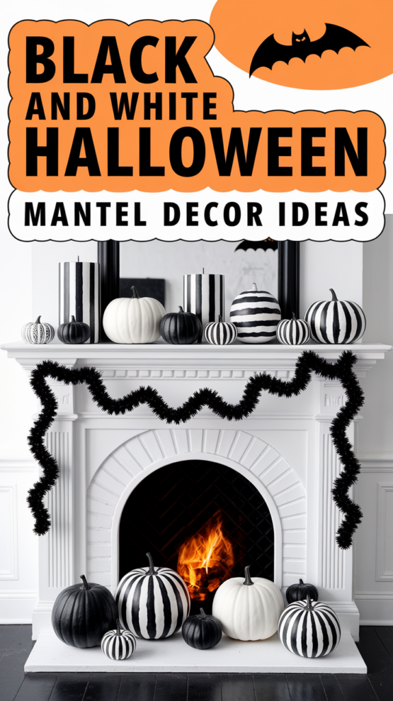 A white mantel decorated with black and white pumpkins and garlands, with text saying "Black and White Halloween Mantel Decor Ideas."