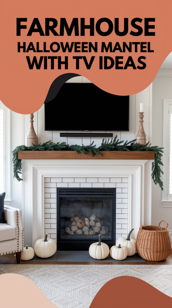 A mantel decorated for Halloween with white pumpkins, candles, greenery, and a TV mounted above.