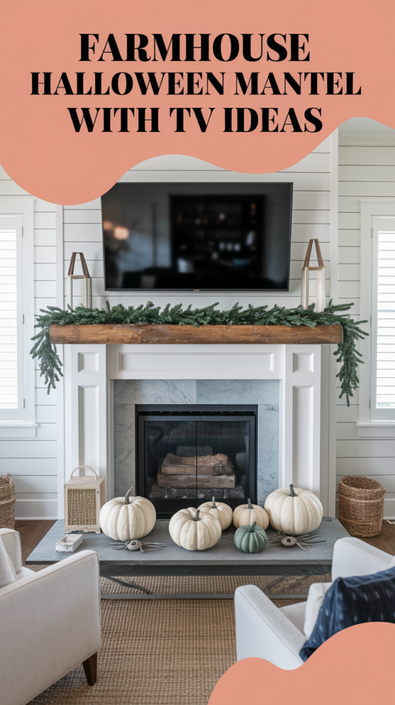 A fireplace mantel decorated with white pumpkins and greenery, with a TV mounted above and text reading "Farmhouse Halloween Mantel With TV Ideas."