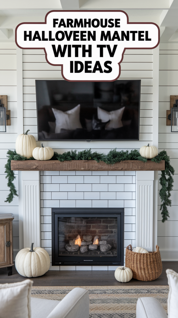 A fireplace mantel decorated with white pumpkins, greenery, and a TV above, featuring a "Farmhouse Halloween Mantel with TV Ideas" sign.
