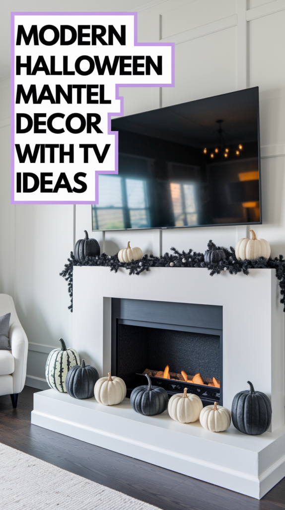 A modern fireplace mantel decorated with assorted white and black pumpkins, black garland, and a mounted TV above.