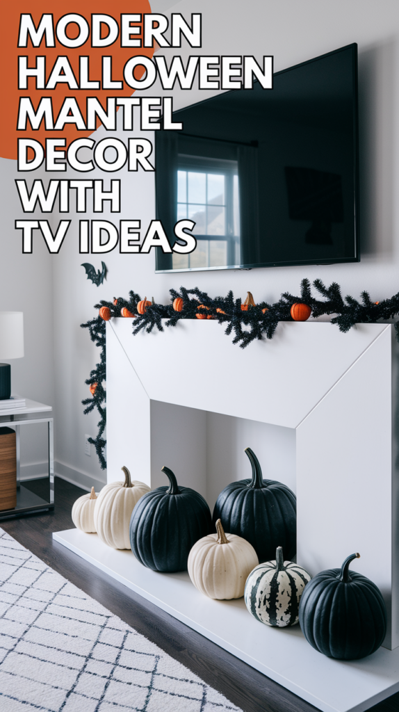 A modern mantel decorated with black and white pumpkins and black garland, beneath a mounted TV.